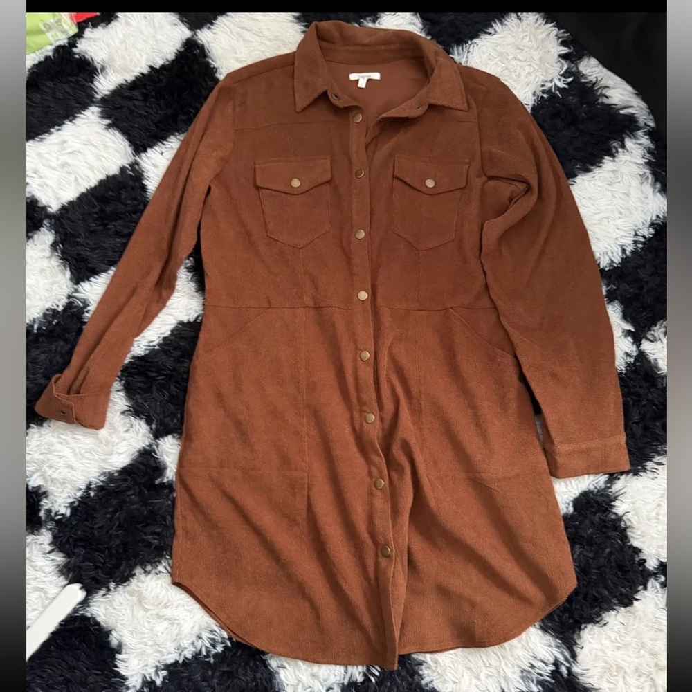 Brown Corduroy Button-Up Shirt Dress